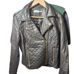 Calvin Klein Quilted Black Faux Leather Moto Jacket Womens M